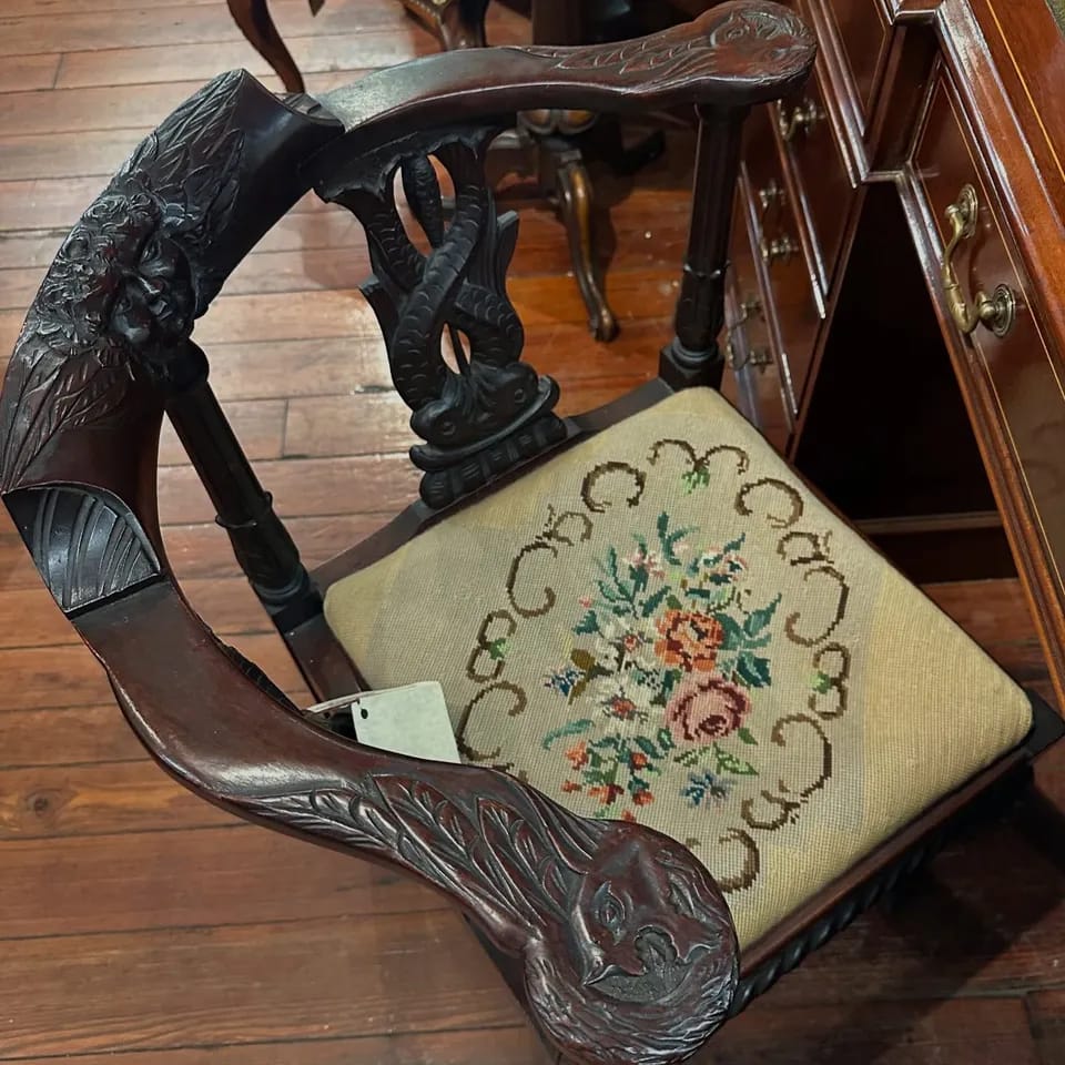 Carved Antique Armchair with Needlepoint Seat image